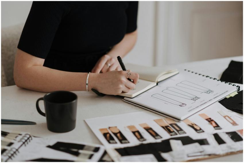 Female designer working on fashion sketches in a c