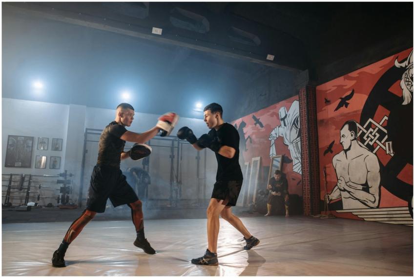 Two men practicing martial arts training in a styl