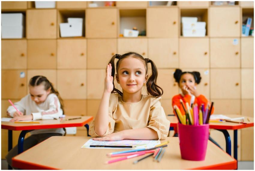 Young girl raises her hand during a lesson in a br