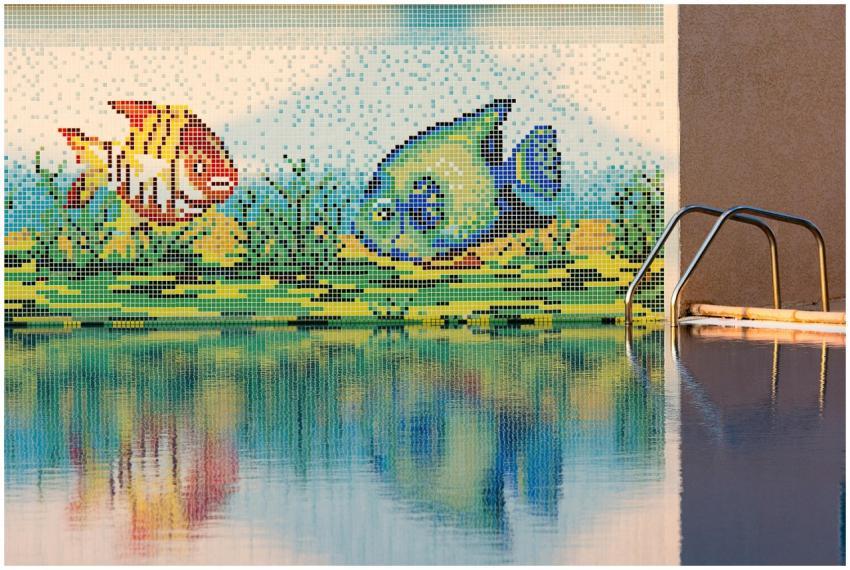 Colorful mosaic fish decor with pool reflection, p