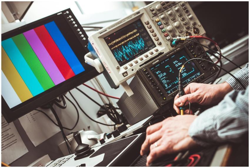 Technician operating laboratory electronic testing