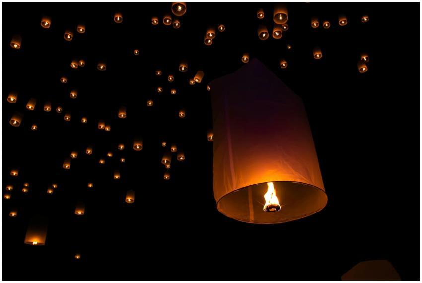 Sky lanterns floating in the night during a tradit