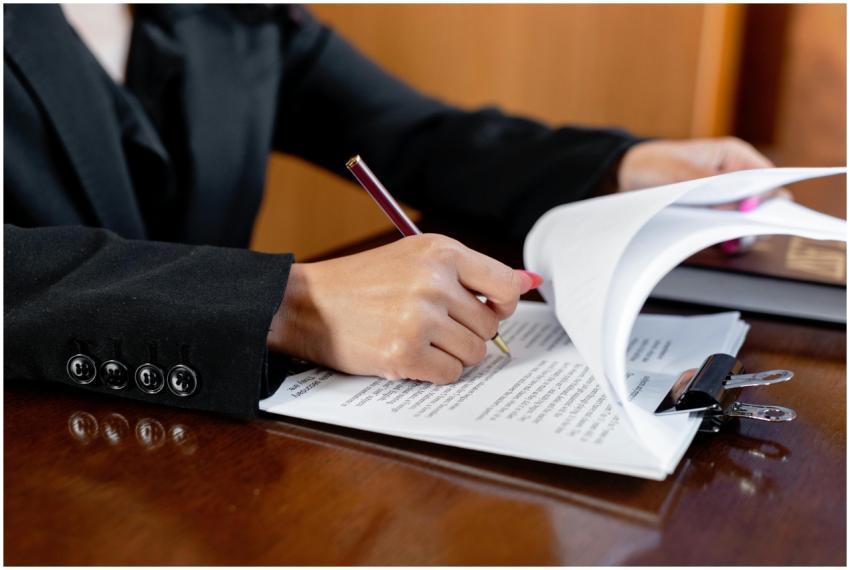 Close-up of a woman signing legal documents with a