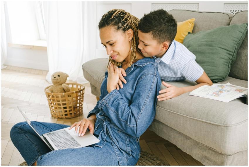 A loving moment between mother and son in a cozy l