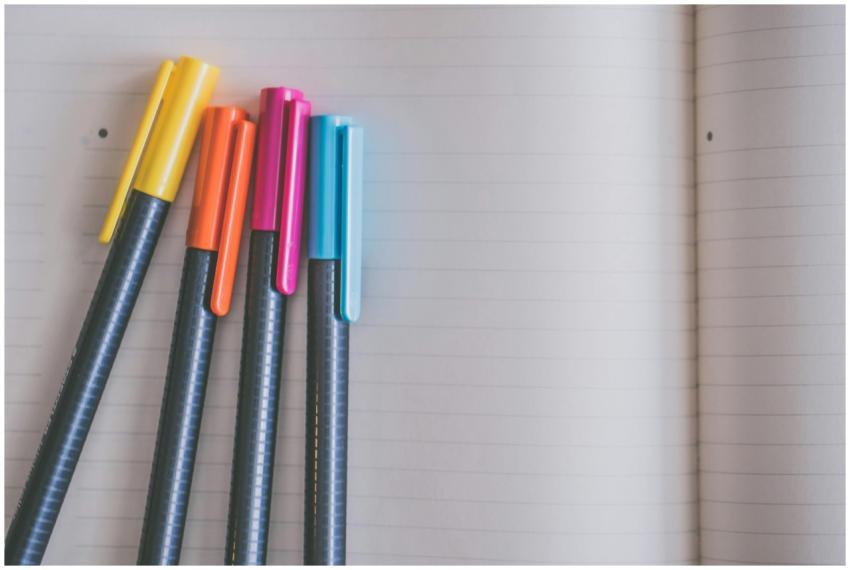A collection of colorful pens resting on an open l