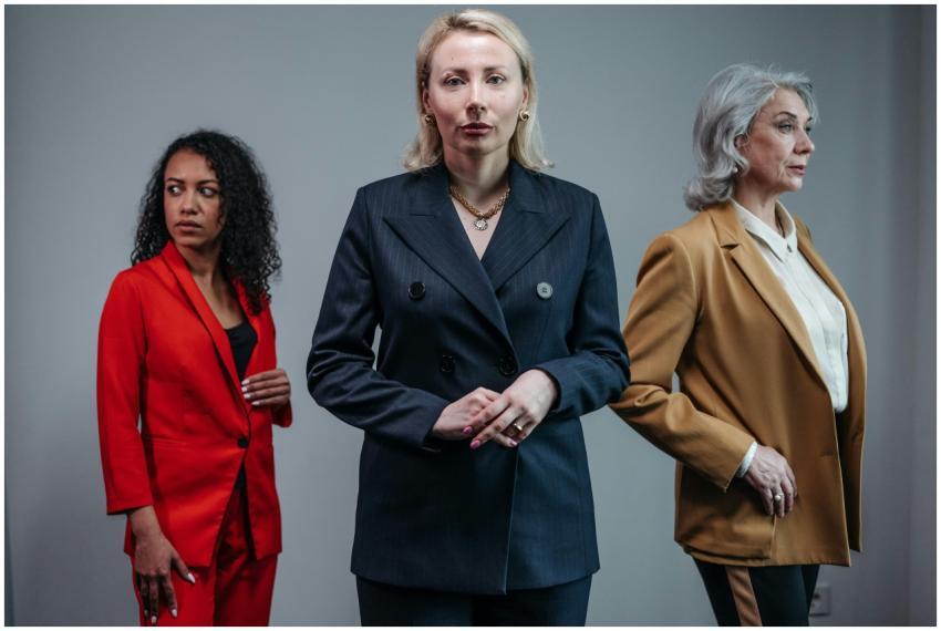 Three businesswomen in suits pose confidently on a