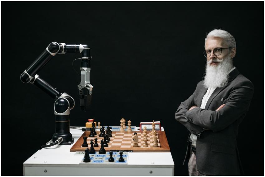 A robotic arm and a bearded man engaged in a strat