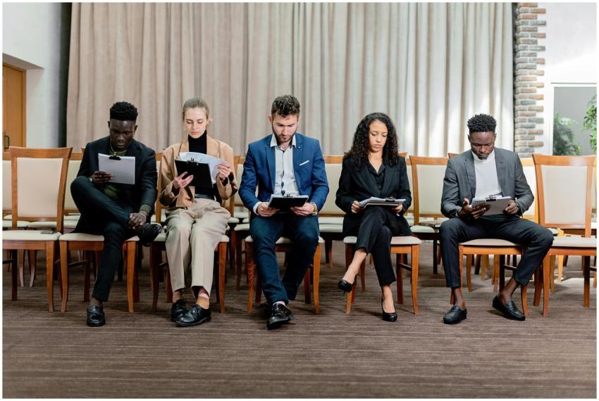 A diverse group of professionals attentively revie