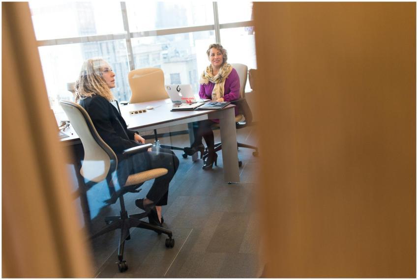 Two professional women discussing in a modern offi