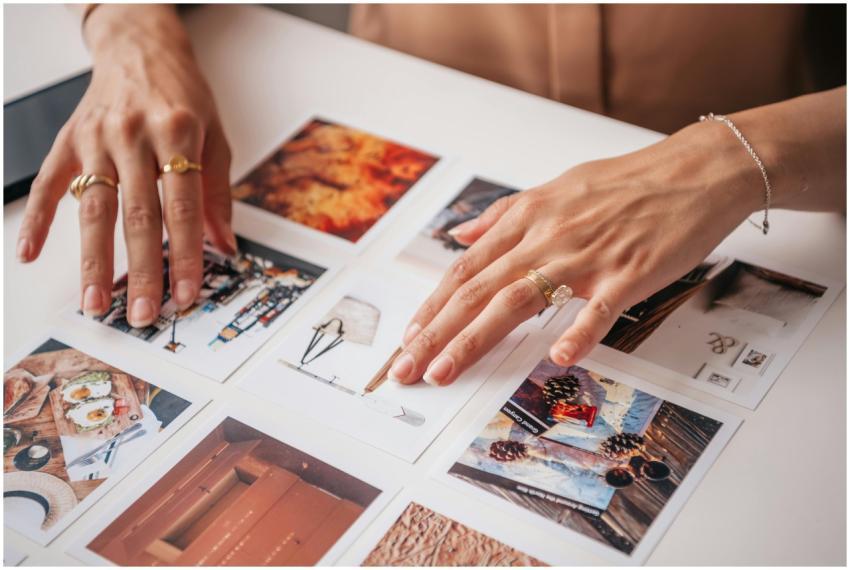 Hands arranging photo prints on a table, showcasin