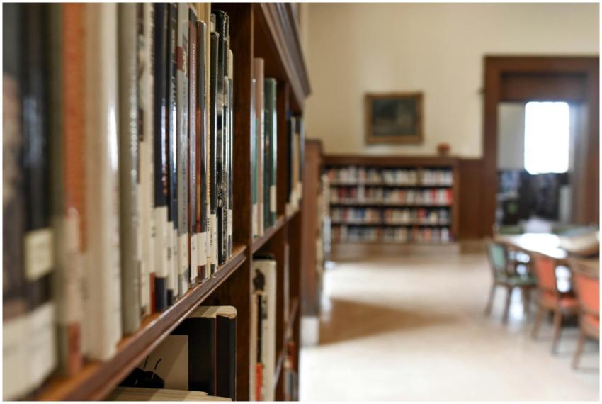 A quiet library interior featuring bookshelves, se