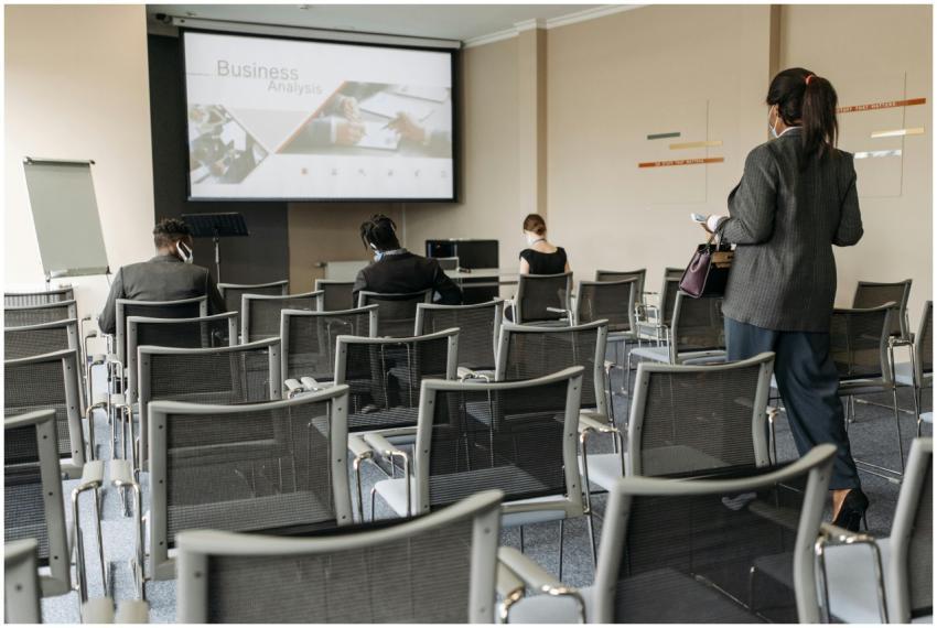 Conference room setup for a business seminar, with