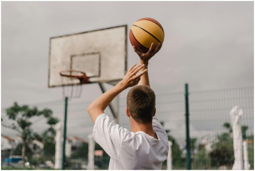 Adult male shooting a basketball on an outdoor cou