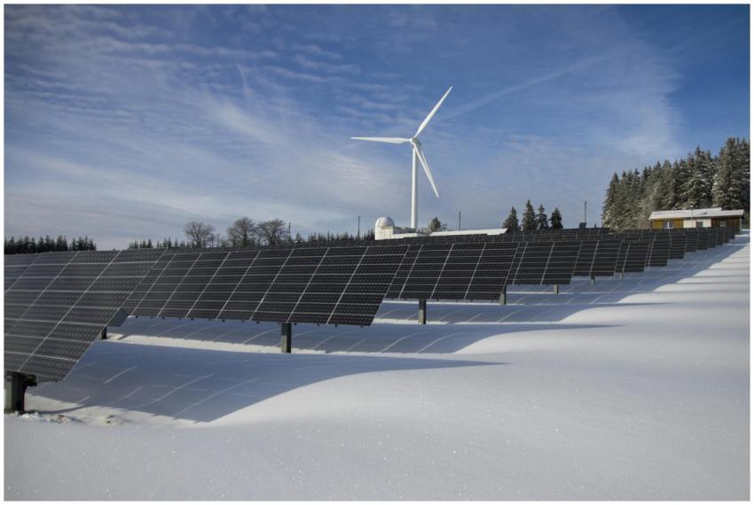 Solar panels and wind turbine in a snowy landscape