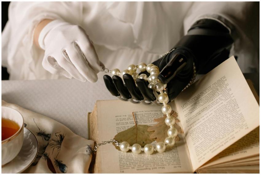 A graceful prosthetic hand holds a pearl necklace