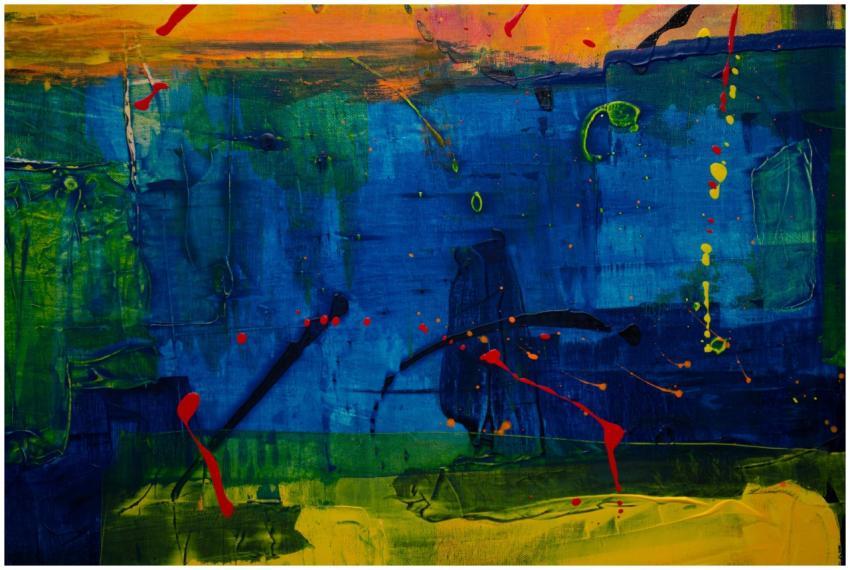 Bold abstract painting featuring vibrant blues and