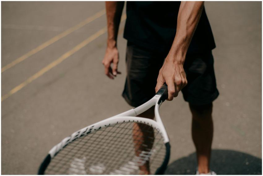A close-up of a person holding a tennis racket on