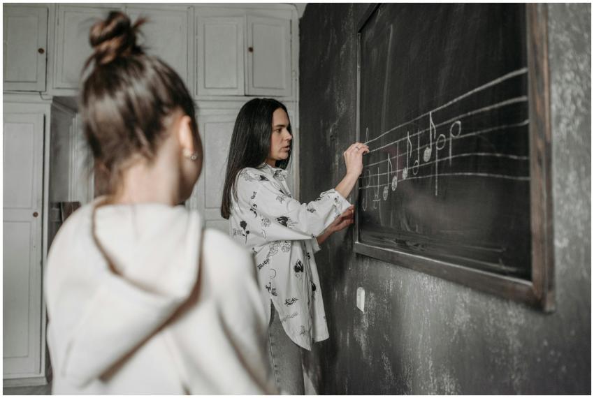 A student observes a teacher writing music notes o