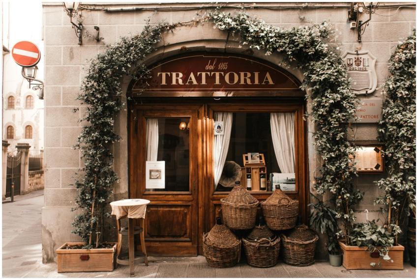 Exterior of cozy Italian restaurant with wooden do