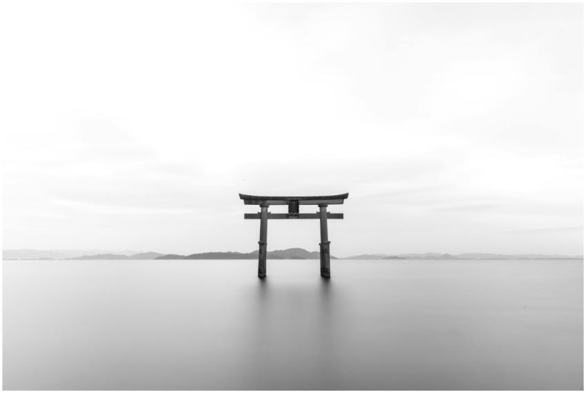 Serene black and white image of a torii gate stand