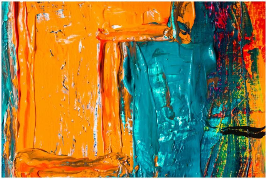 Colorful abstract artwork featuring bold orange an