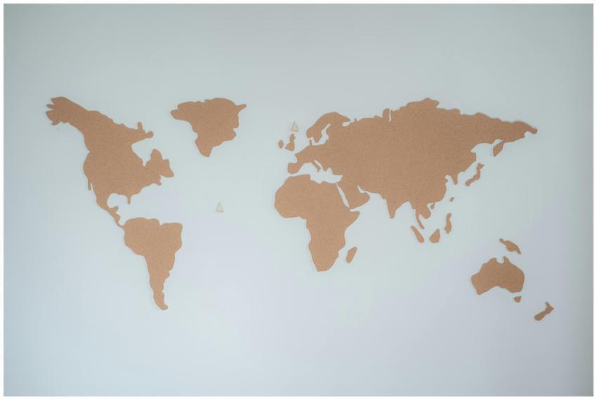 A minimalist cork board world map displayed on a w
