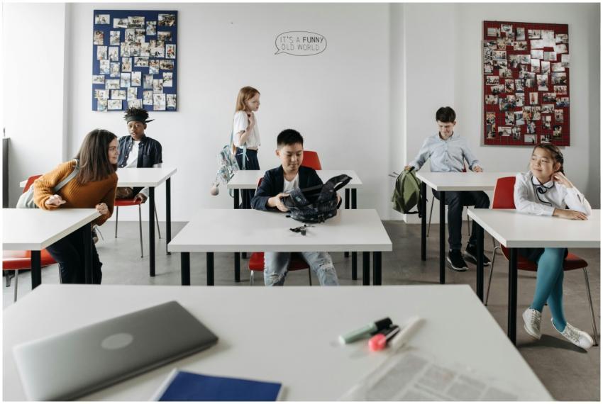 Students of various backgrounds engage in a modern