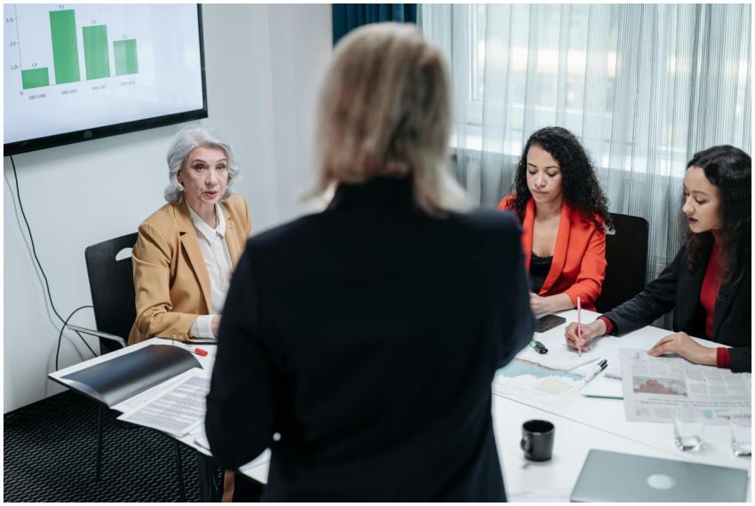 Team of professionals discussing strategy in a mod