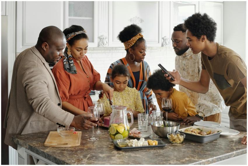 A joyful family gathering in the kitchen, enjoying