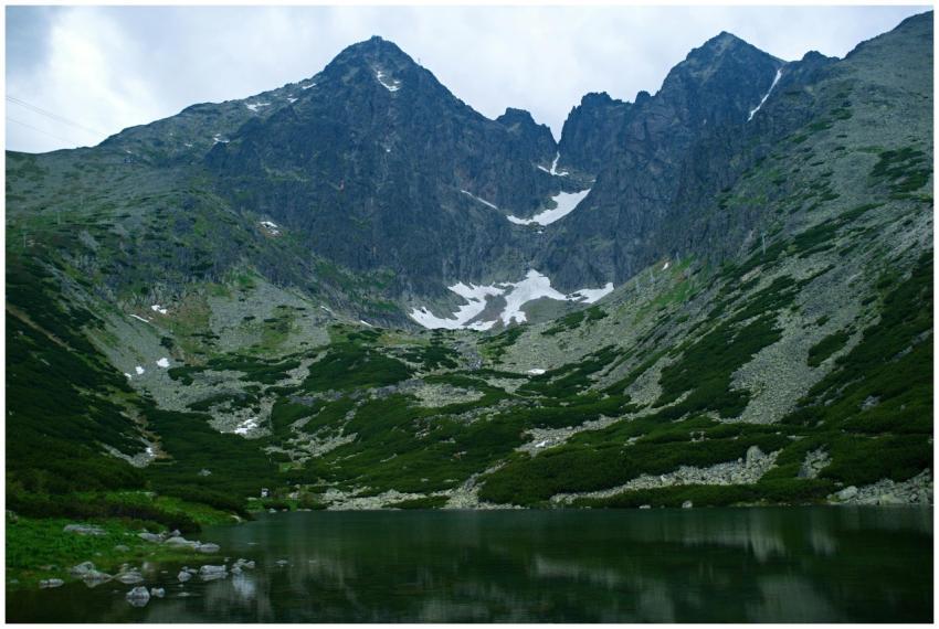 Serene mountain lake with clear water reflecting t