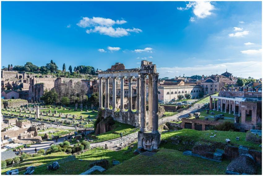 View of ancient Roman Forum ruins under a clear bl