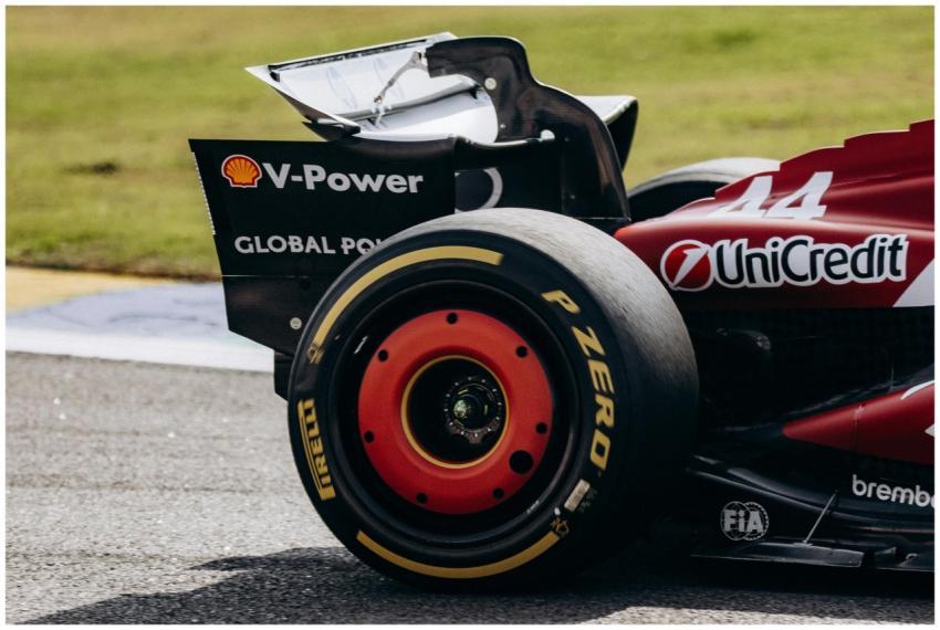 Close-up of a Ferrari Formula 1 car's rear wing an