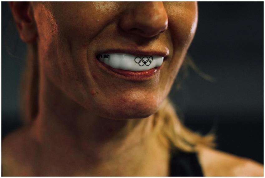 Close-up shot showcasing an athlete's mouthguard w