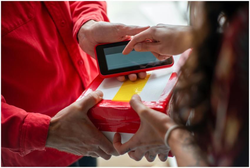 Hands exchanging a package with an electronic sign