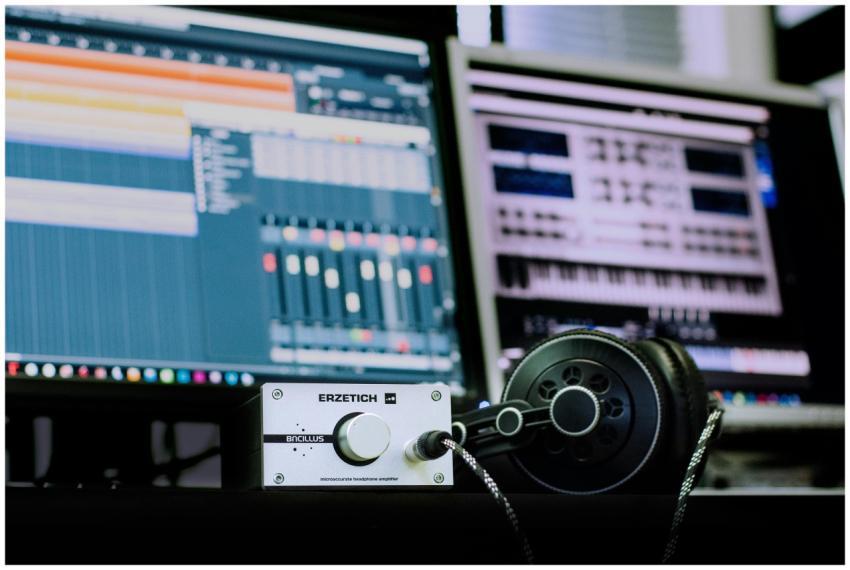 Close-up of a professional music studio setup feat