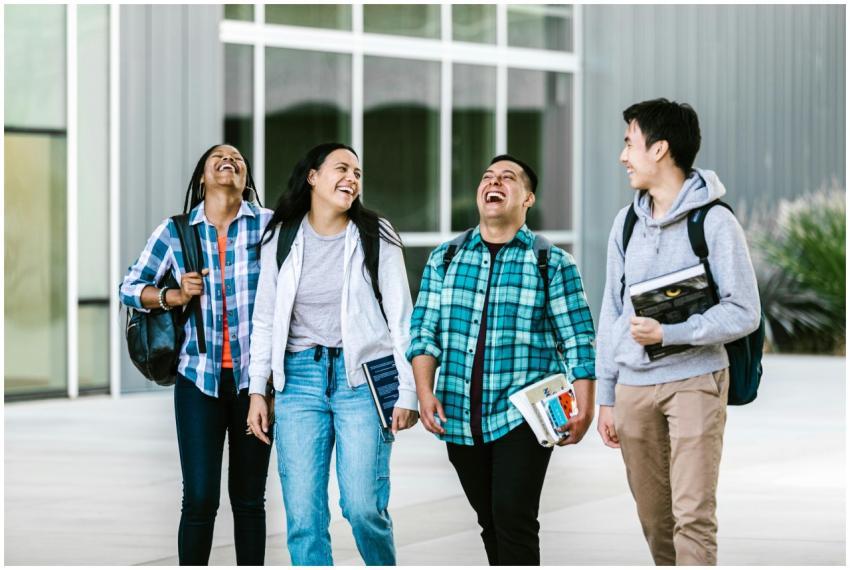 Group of diverse college students laughing and wal