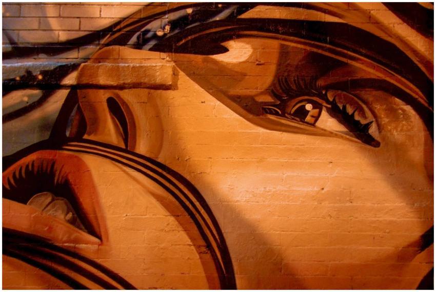 Colorful mural of a face showcasing vibrant street