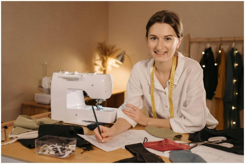 A smiling seamstress working at her table with sew