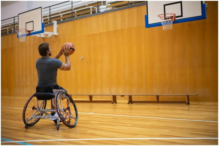 An adult male player in a wheelchair shooting bask