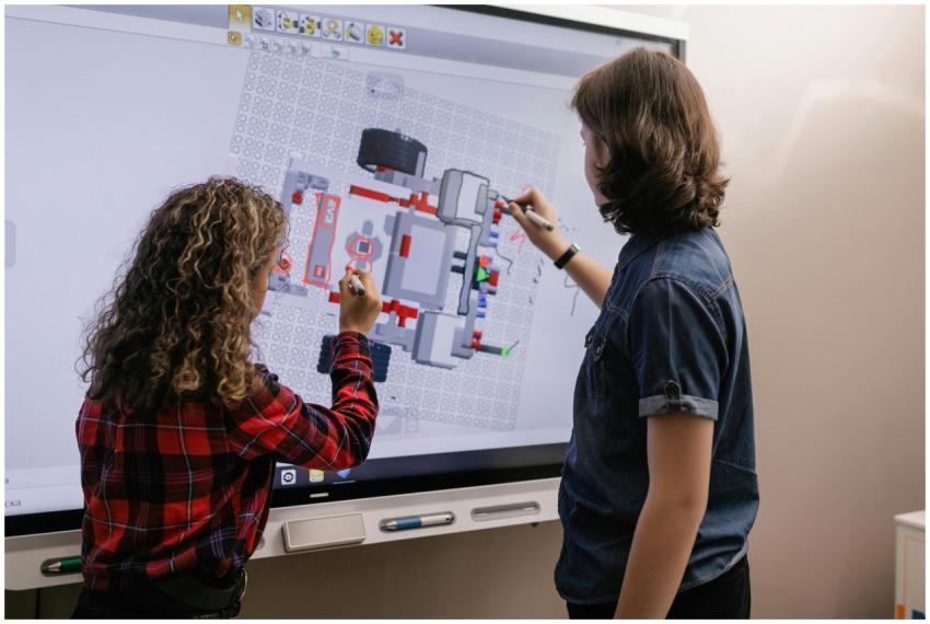 Two children engaging with a smart board in a mode