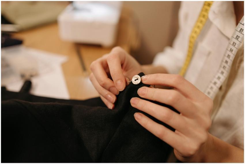 Close-up of a tailor sewing a button with a needle