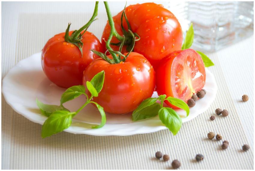 A fresh and vibrant display of tomatoes, basil, an