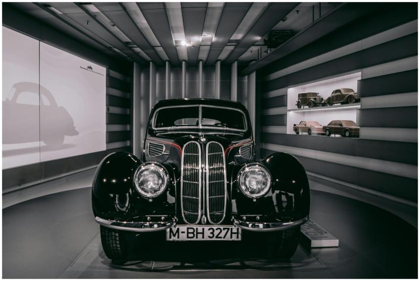 Vintage BMW car showcased in a Munich museum, high