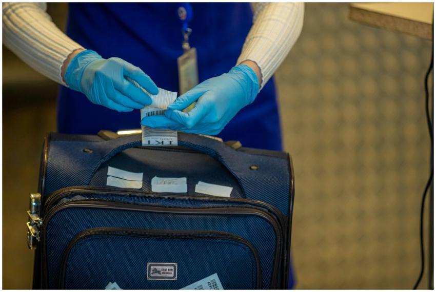 Close-up of airport security process with gloved h