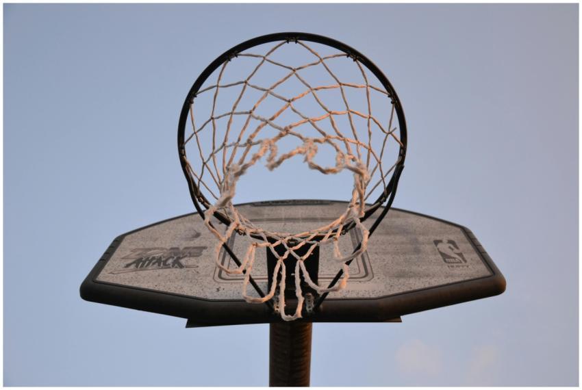 Close-up view of a basketball hoop and net against
