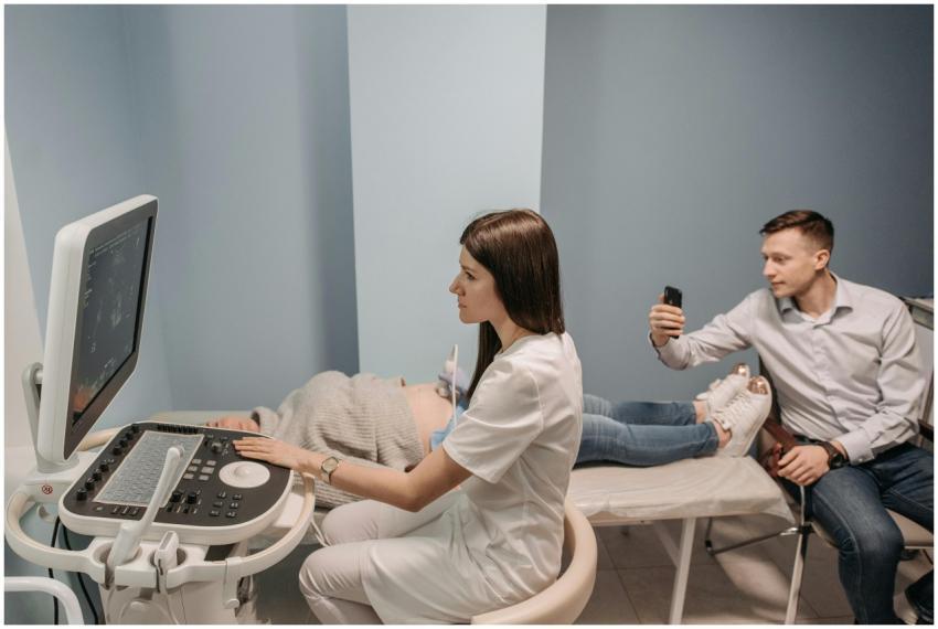 Medical professional conducts ultrasound for expec