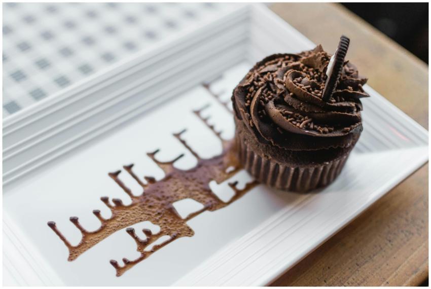 Close-up of a chocolate cupcake on a ceramic plate