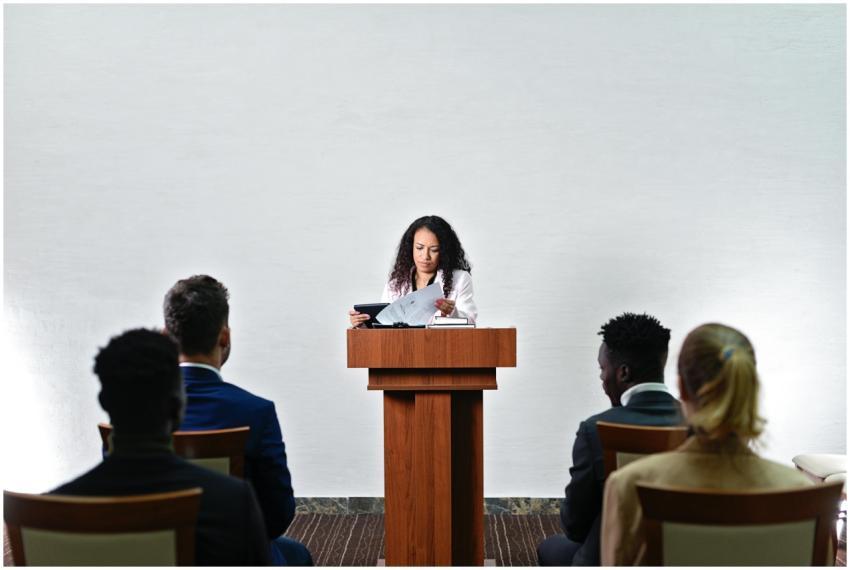 Confident woman delivering a speech to a diverse a
