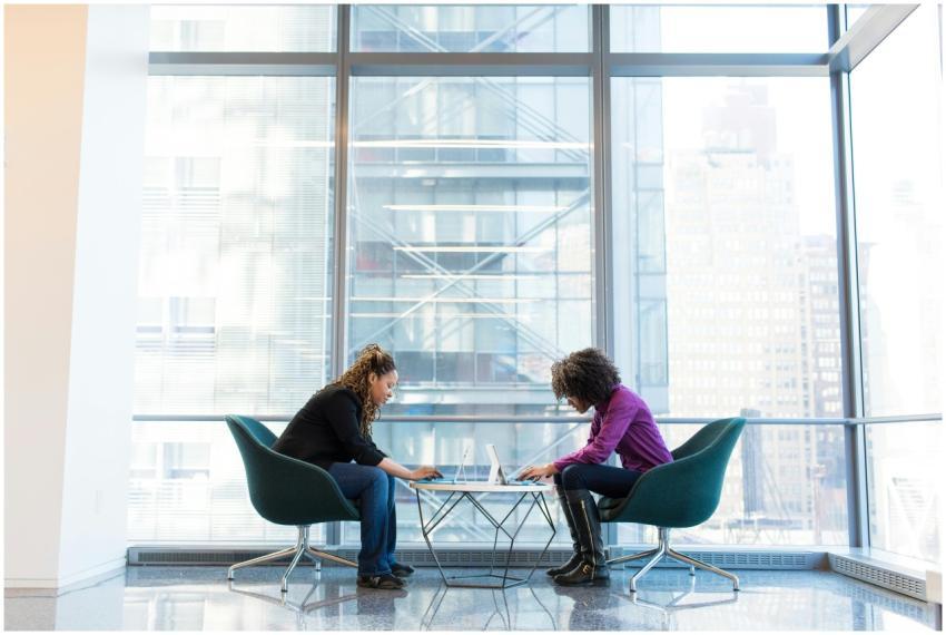 Two women engage in remote work on laptops in a br