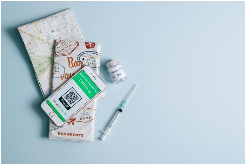 Vaccine and travel documents with COVID-19 health